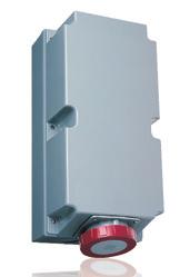 Aufputz-Wandsteckdosen Für Durchgangsverdrahtung 125 A, IP67 (wasserdicht) Kabeleingang: Bohrungen 2 x Ø 50/25 mm. Anschlussblock 2 x (16-70 mm 2) ). Ausgang ist mit Anschlussblock verbunden. erp.