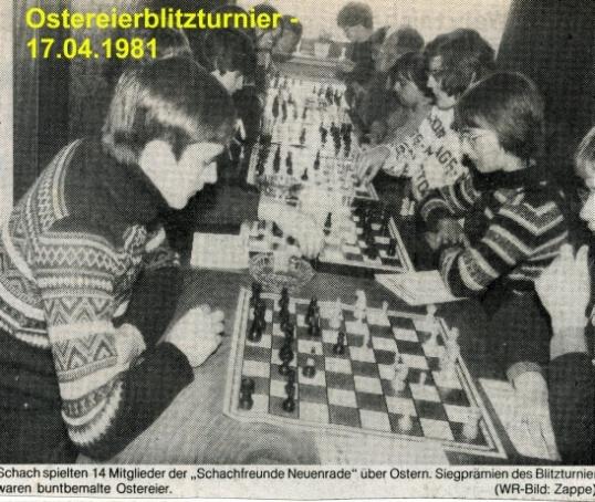 1980 Gaststätte "Unterm Glocken", Neuenrade 11 Senioren u. 4 Schüler 1 Runde "jeder gegen jeden" mit Tonbandansage 1. Bernhard Bialas SF Neuenrade 9,5:0,5 2. Walter Cordes SF Neuenrade 8,5:1,5 3.