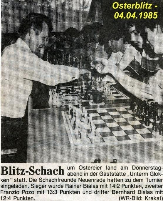 1984 Gaststätte "Unterm Glocken", Neuenrade 12 Senioren u. 10 Jugendliche 1 Runde "jeder gegen jeden" mit Tonbandansage 1. Josef Dudzik SF Neuenrade 8,5:2,5 2.