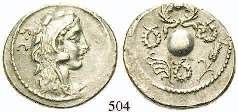 , links Beizeichen Trophäe. Cr.385. + 400,85,- 502 C. Postumius, 74 v.chr. Denar, Rom.