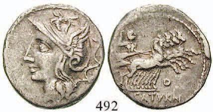 Romakopf mit Helm l. / Saturnus in Quadriga r., im Abschnitt L SATVRN. Cr.317/3; Bab.Appuleia 1. f.