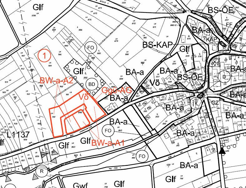 Abbildung 2: Änderungspunkt 1 (KG Eitzersthal) Die Unterteilung des Bauland-Wohngebietes erfolgt in zwei Aufschließungszonen, mit folgenden Freigabebedingungen: BW-a-A1: 1.