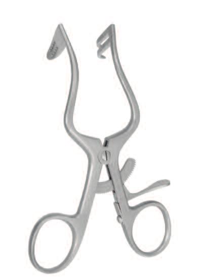 Retractors Self Retaining Wundsperrer Selbsthaltend 101401FX 101402FX Retractor by HELMS, 2 prongs right, 1 solid pointed blade left with atraumatic pins, overall length 110 mm Wundsperrer nach