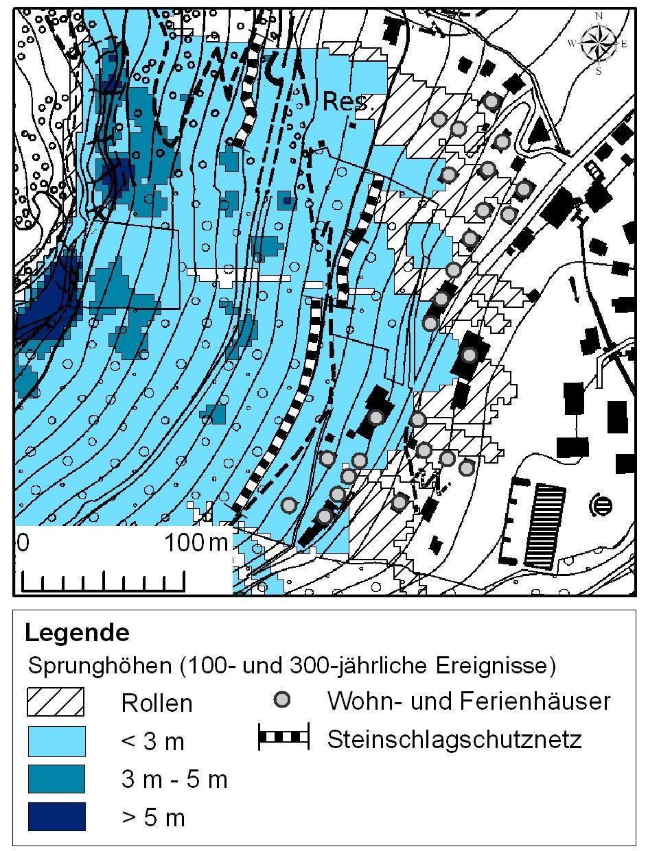 4 Maximale Sprunghöhen gemäss 3-D-Modellierung für ein 100- und 300-jährliches Ereignis (Wirkungsraum unterhalb der Felswand Heinricheggen ) Fig.