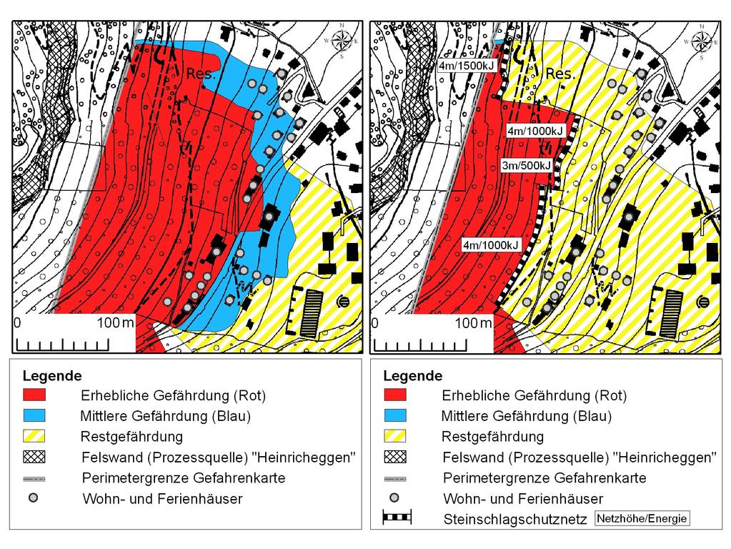 Fig. 5 Gefahrenkarte Sturzprozesse im Wirkungsraum unterhalb der Felswand Heinricheggen (Stand heute) Fig. 5 Rock fall hazard map in the impact area Heinricheggen (today status) Fig.