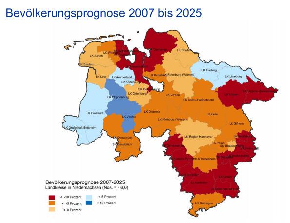 (Grafik 4, BBR, Bevölkerungsprognose 22/25) Auch innerhalb des Landes Niedersachsen wird sich der demografische Wandel nicht gleichmäßig vollziehen, hier zeigen sich