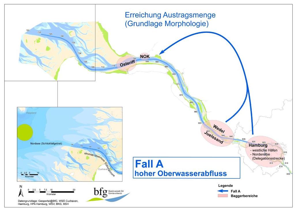 Abbildung 47: Unterbringungsbereiche Fall A (hohe Oberwasserabflüsse) - Westliche Häfen beinhaltet Unterelbe und Köhlbrand 8.3.