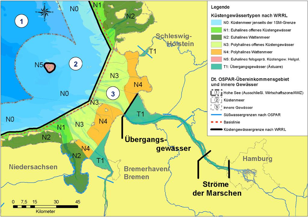 Abbildung 4: Übersichtskarte der deutschen Nordseeküste incl. AWZ mit den Grenzen nach WRRL, OSPAR, Seerechtsübereinkommen (SRÜ) (Daten: www.wasserblick.