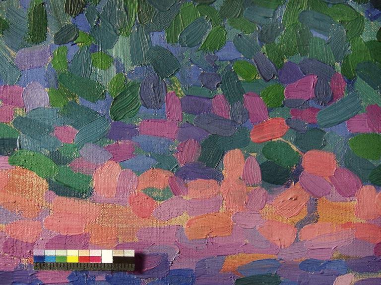 8 Detail Landzunge, zweischichtiger Malschichtaufbau, breite und trockene Pinselstriche in Rosa und Grün