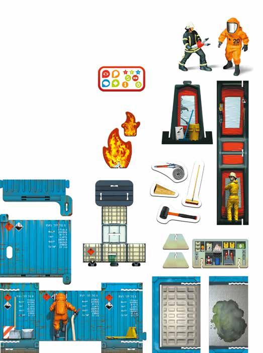 Inhalt 1 Spielfigur Feuerwehrmann mit Rettungsspreizer 1 Spielfigur Feuerwehrmann mit Chemieschutzanzug 1 Steuerungstafel 1 Dekontaminationszelt,