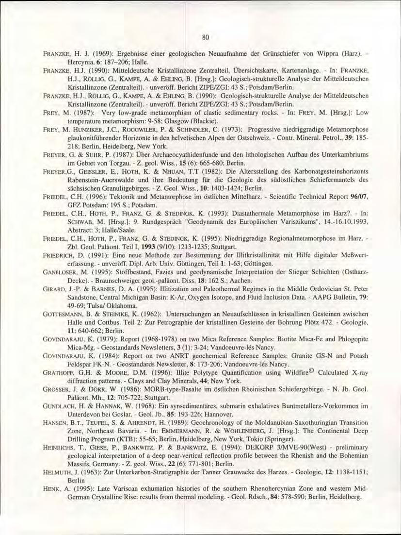 80 FRANZKE, H. 1. (1969): Ergebnisse einer geologischen Neuaufnahme der Grünschiefer von Wippra (Harz). - Hercynia,6: 187-206; Halle... FRANZKE, H.J.