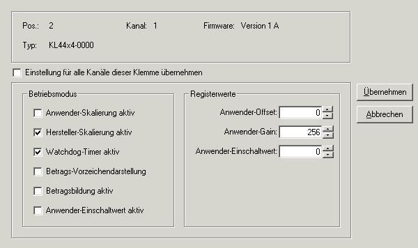 Konfigurations-Software KS2000 6.3 Einstellungen Unter Einstellungen finden Sie die Dialogmaske zur Parametrierung der KL4414 oder KL4424. Abb.