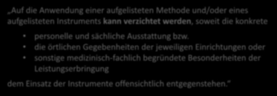 Änderungsbeschluss: neue Verzichtsregel QM-RL Auf die Anwendung einer aufgelisteten Methode und/oder eines aufgelisteten Instruments kann verzichtet werden, soweit die konkrete personelle und