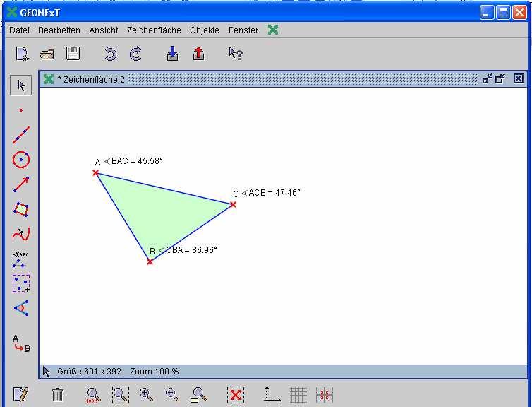 2. Die Winkelsumme in einem beliebigen Dreieck (1) Objekt Punkt markieren (2) 3 Punkte mit linker Maustaste beliebig setzen (2) Punkte in dieser Reihenfolge anklicken: A-B-C-A (1) Objekt
