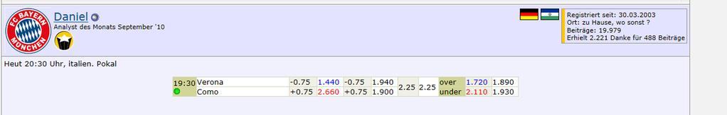 Beispiele 1 Verona (bei Hcp 0,75) zuerst Außenseiter, dann aber klarer Favorit 6:0 ausgegangen,