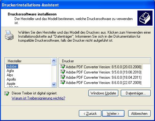 3. Windows XP (3 bit) 3.4 Druckerinstallation (Fortsetzung) Wählen Sie den zu installierenden Druckertreiber wie folgt aus: Drücken Sie Datenträger... im Fenster Druckersoftware installieren.