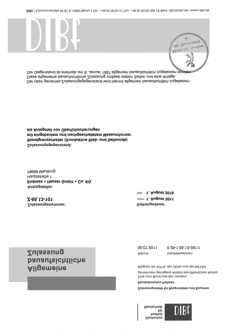 Zertifikat ZE00043F/00/DE/13.
