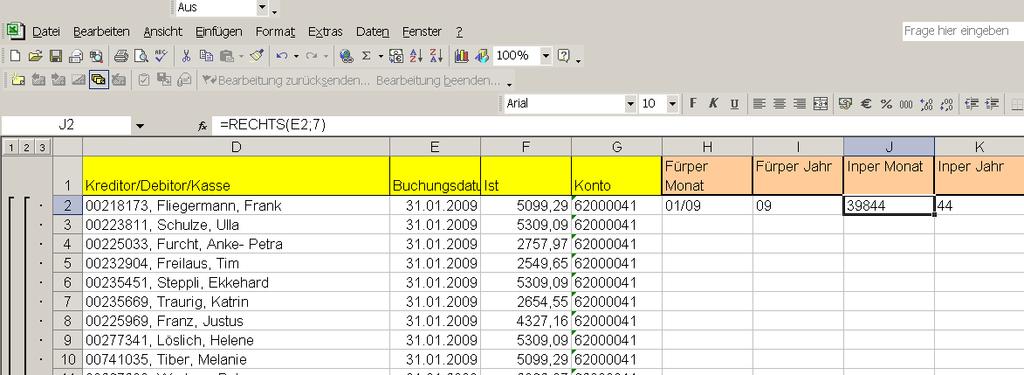 Danach ergibt sich folgendes Excel-Listbild Markieren Sie die Spalten H2 bis K2 und kopieren die Formeln bis zum letzen Datensatz in der