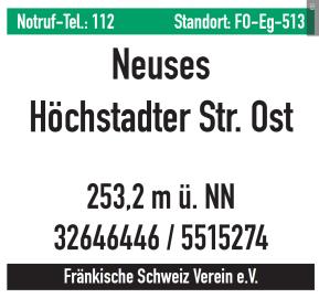 Standortschilder: Im Bereich des Fränkischen-Schweiz-Vereins e. V. werden an jedem Wegweiserstandort sogenannte Standortschilder in der Größe 12,0 x 11,0 cm angebracht.