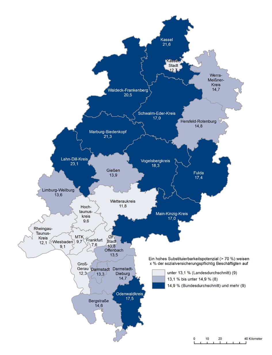 Karte 2: Betroffenheit der sozialversicherungspflichtig Beschäftigten von einem hohen Substituierbarkeitspotenzial (> 70 Prozent) in den hessischen Kreisen und kreisfreien Städten, Anteile in Prozent