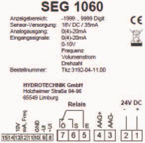 Typenschild Type plate Bestellinformationen / Order information Produkt / Product Ausführung / Version B-Nr. / O-No SEG 1060 24 VDC 3192-04-10.