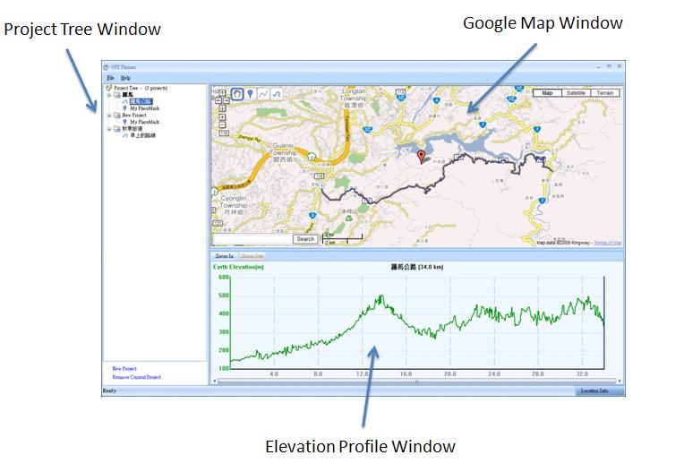 1. Übersicht Projektbaum-Fenster Google Maps-Fenster Höhenprofil-Fenster Es gibt drei Hauptfenster: Projektbaum-, Google Maps- und Höhenprofil-Fenster.