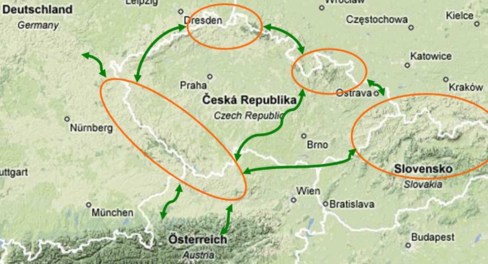 Seite) inmitten der böhmischen Grenzgebirge sowie zwischen Karpaten im NE und Alpen im S; Karte 6: Anbindung der Luchspopulation im Großraum