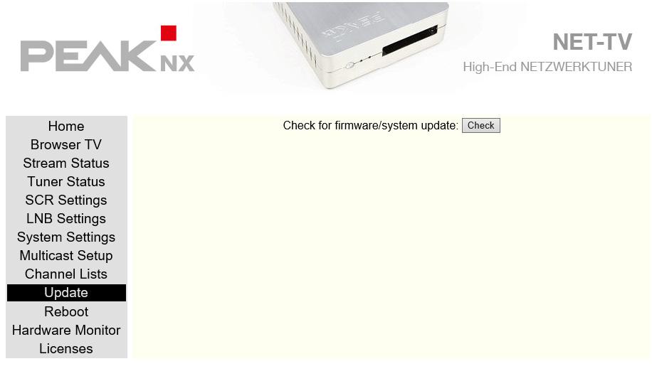 5.4.10 Update Im Menüpunkt Update können Sie ihr PEAKnx NET TV sehr einfach auf den aktuellen Firmware Stand aktualisieren.