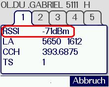 Hier kann man in der ersten Zeile den aktuellen Signalfeldstärkewert RSSI ablesen (hier im Beispiel beträgt der RSSI-Wert -71dBm).