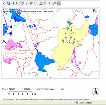 MapService: Wahl einer Gem einde Selektierte Gemeindefläche Räumlicher Verschnitt der Gemeindefläche mit definierten Layern in der Postgresql Datenbank Auen BLN Moorlandschaften Da der