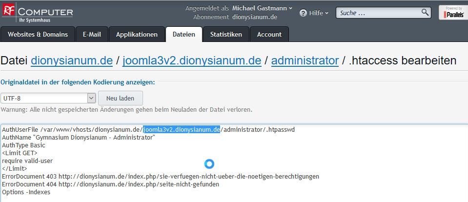 SQL-Passwort für joomla3v2.dionysianum.de bei rf-isp.com wieder eingegeben c) Pfad in der.