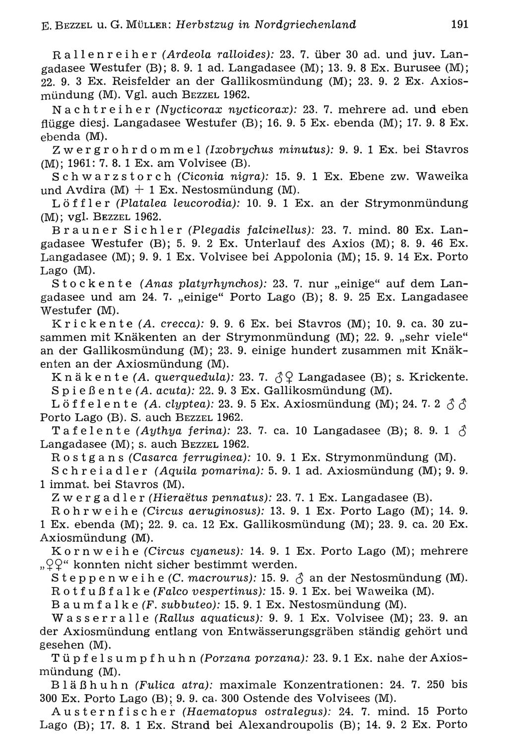 E. B e z z e l u. G. MOrnithologische ü l l e r : Herbstzug Gesellschaft Bayern, in download Nordgriechenland unter www.biologiezentrum.at 191 Rallenreiher (Ardeola ralloides): 23. 7. über 30 ad.