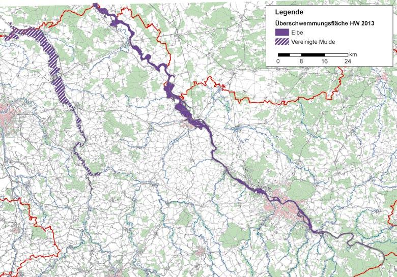 Um die maximale Überflutungsfläche zu rekonstruieren, wurden die zuvor ermittelte Wasser-Land-Grenze der BfG mit Hilfe digitaler Orthofotos der BfG, den Schrägluftbildern der LDS, den