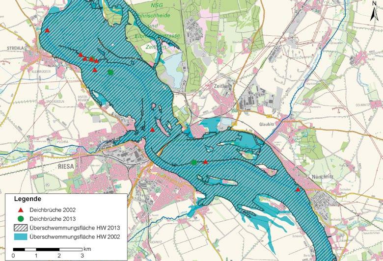 4 Abbildung 4-12: Vergleich der Überschwemmungsflächen an der Elbe bei Riesa für die Hochwasser 22 und 213 nn unterschiedlicher Hochwasserganglinien im Hinblick auf Scheitelwert und Fülle sowie nn