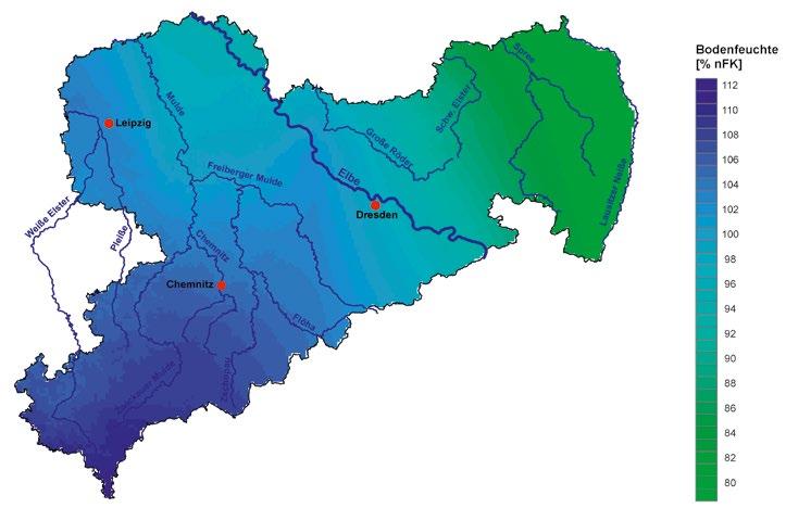 2 Abbildung 2-4: Bodenfeuchte am 3.5.213 für Sachsen (Datenquelle: DWD) Hochwasserwellen im gesamten Elbeeinzugsgebiet verantwortlich waren. Die Bodenfeuchte (in % nfk 1 ) ist für die Nacht vom 29.