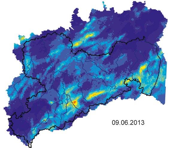 Abbildung 2-1: Räumliche Verteilung der Tageswerte der Niederschlagshöhe für Sachsen und grenznahe Regionen am 9.6.213 (Datenquelle: RADOLAN, DWD) 2.3 Wetterlage und Niederschlagsgeschehen am 8.