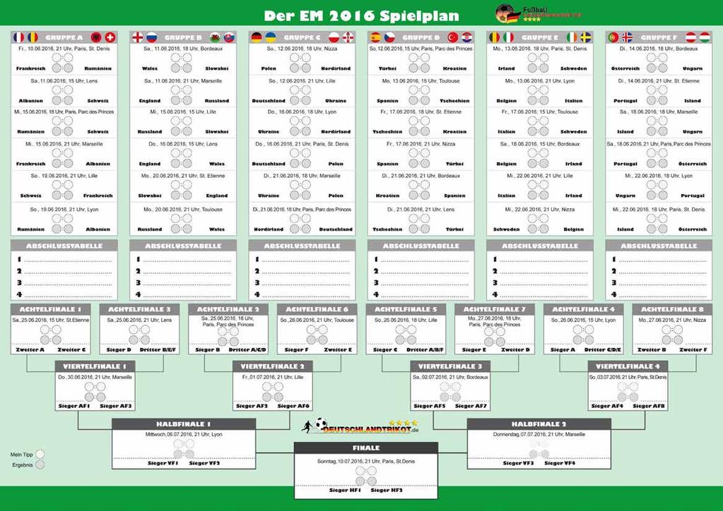 Unser EM Spielplan zur Fußball EM 2016 als pdf-download in DINA 4.