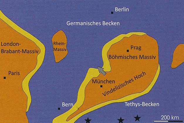 Teilweise war die Verbindung zwischen dem germanischen Becken und der Tethys unterbrochen und es bildeten sich Evaporite (Anhydrit und Steinsalz), welche bei Basel