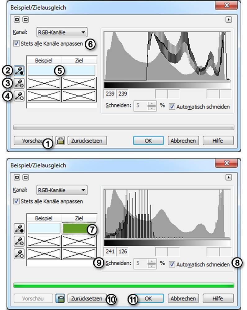 Farben korrigieren Markieren Sie das Bitmap mit dem Hilfsmittel EFFEKTE ANPASSEN BEISPIEL/ZIELAUSGLEICH Das Dialogfenster BEISPIEL/ZIELAUSGLEICH wird eingeblendet Aktivieren Sie das Symbol, damit Sie