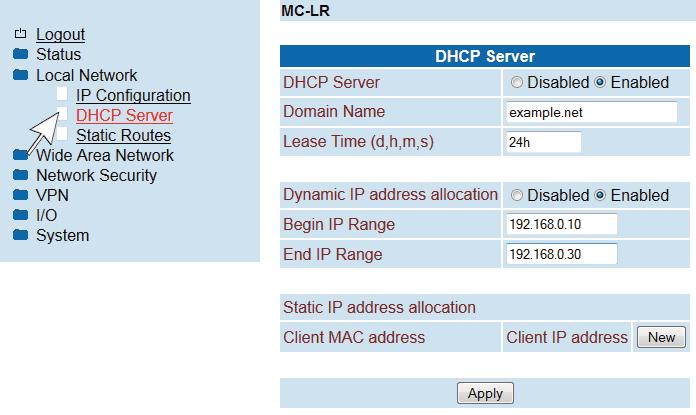 1.4.2 DHCP Server Über DHCP (Dynamic Host Configuration Protocol) können den über Ethernet angeschlossenen lokalen Geräten automatisch eine IP-Adresse zugewiesen werden.