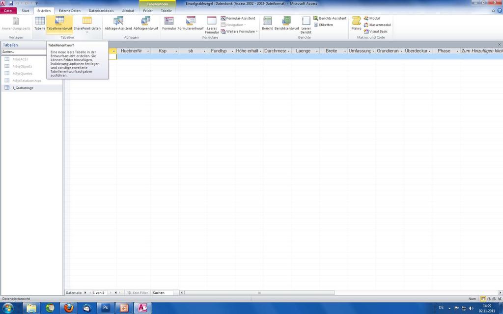 um eine weitere Tabelle zu erstellen: Reiter Erstellen