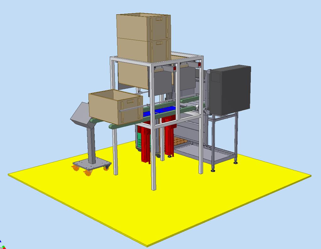 Konzept einer automatischen Beschickung der Konditionieranlage JK 1/130 Angenommen wurden Drehstapelbehälter mit den Abmaßen: B/H/T 600 x 300 x 400 mm Eine Kammer mit einem Nutzraumvolumen von ca.