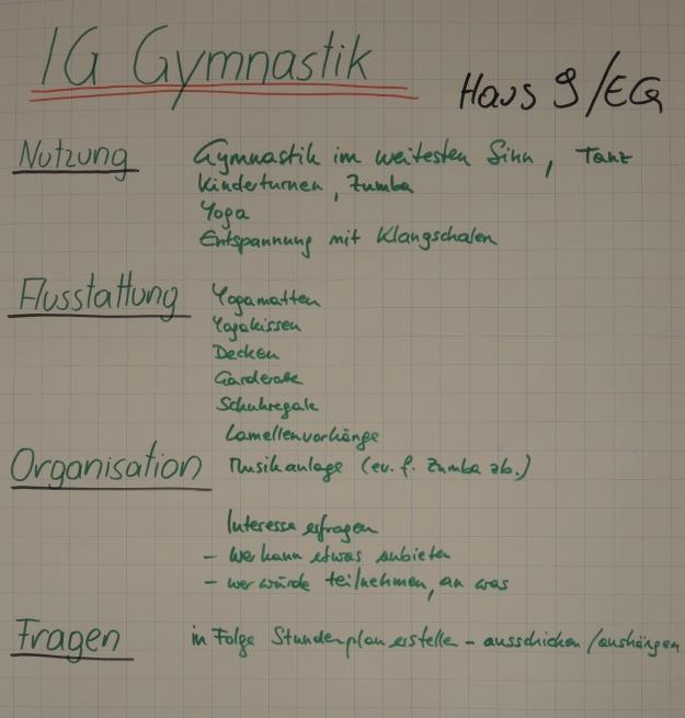 Gymnastik Raumvorschlag: GR Haus 9 (Grellgasse 14/4), EG Nutzung: Nutzung des Raums für Gymnastik sind z.b. Organisation von Kinderturnen, Zumba, Yoga etc.