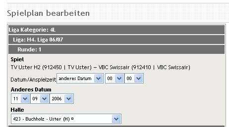 8.1.2 Datum, Zeit und Halle erfassen Die Anspielzeit wird in der Zeile Datum/Anspielzeit erfasst. Das Datum wird unter Anderes Datum eingegeben ( anderes Datum, weil der RVZ keinen Spieltag vorgibt).