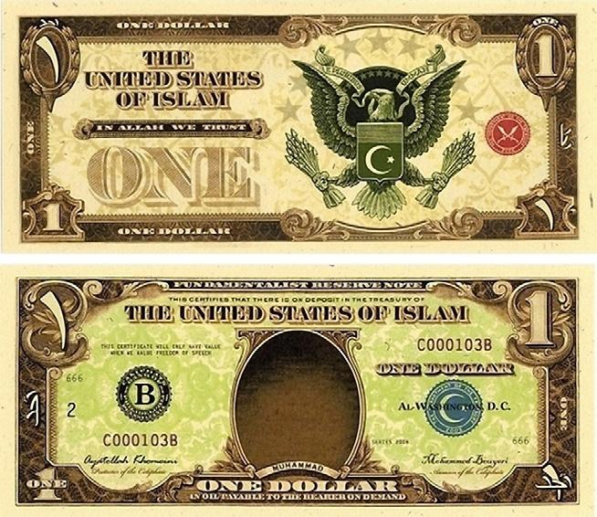 Ausgestellte Werke, alphabetisch geordnet Stephen Barnwell United States of Islam United States of Islam 1$ Note, 2008, 6,8 x 15,5 cm, Digitaldruck United States of Islam 3$ Note, 2008, 6,8 x 15,5