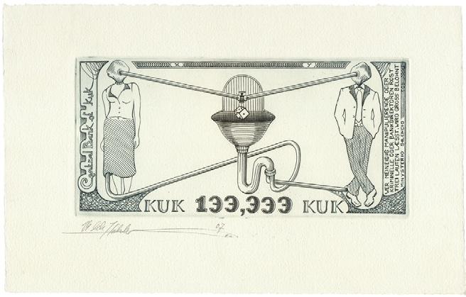 , 18,8 x 12,5cm, Kupfertiefdruck Der aus Mecklenburg Vorpommern stammende Künstler und Schriftsteller Horst Hussel entwirft eine Währung für die fiktive Räterepublik Mekelenburg.