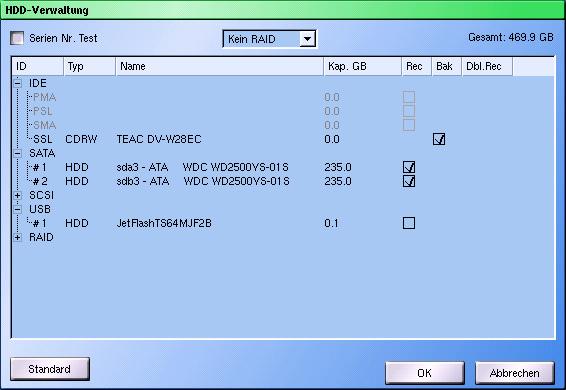 16 HDD-Verwaltung Der Dialog Festplattenmanagement zeigt alle im Recorder verbauten oder extern angeschlossenen Festplatten und Laufwerke an.