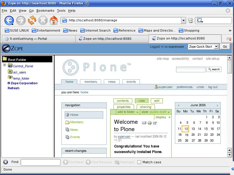 16. Übersicht von Plone Im Web Browser sollte der Teilnehmer folgende Web-Seite der