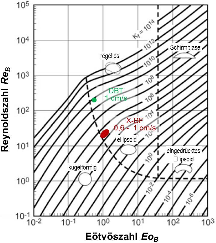 Reynoldszahl (Gl. 34 und Gl. 35). Die außerdem angegebene Flüssigkeitskennzahl K f beschreibt das Verhältnis von Oberflächen- zu Reibungskraft. Eo B = g (ρ L ρ G ) d B 2 σ L Gl.