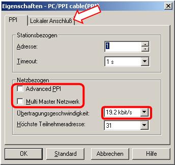 3 2BVerbindung via RS232/ PPI- Kabel 4. Klicken Sie nun auf den Button Eigenschalften. Es erscheint der Dialog "Eigenschaften - PC/PPI-Kabel", der Reiter "PPI" ist angewählt.